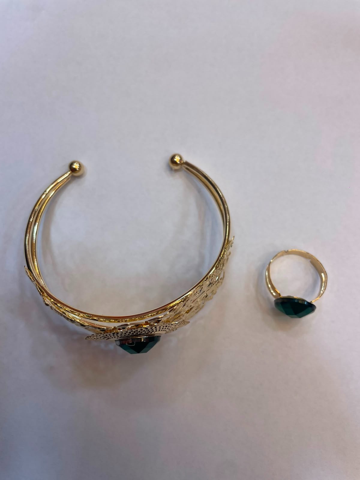 Moroccan Vintage Gold Cuff Bracelet Emerald Green Crystal Ring Set Boho Jewelry
