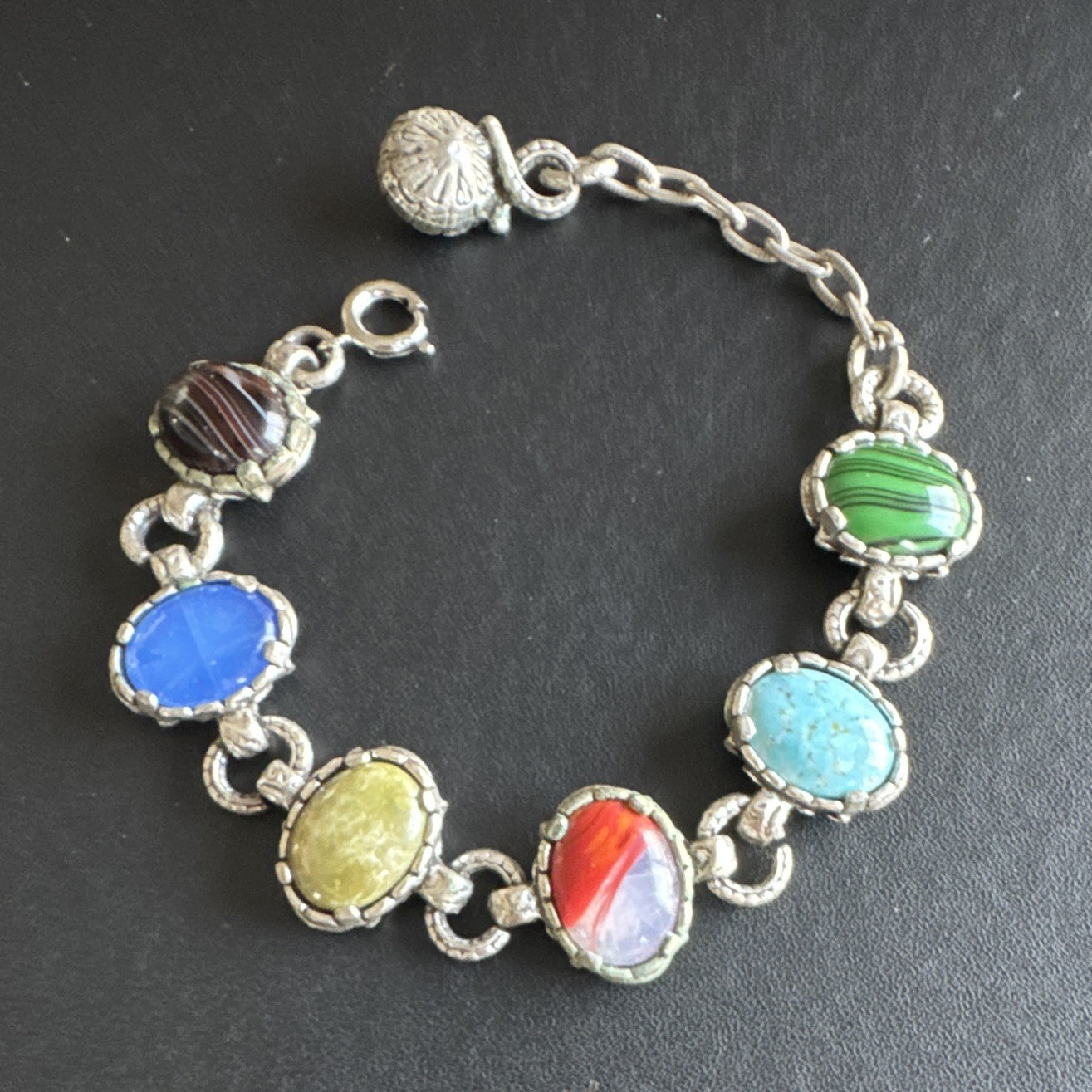 Silver Tone Link Chain Bracelet. 6 Multicolor Oval Cabochon Stones 7.5in