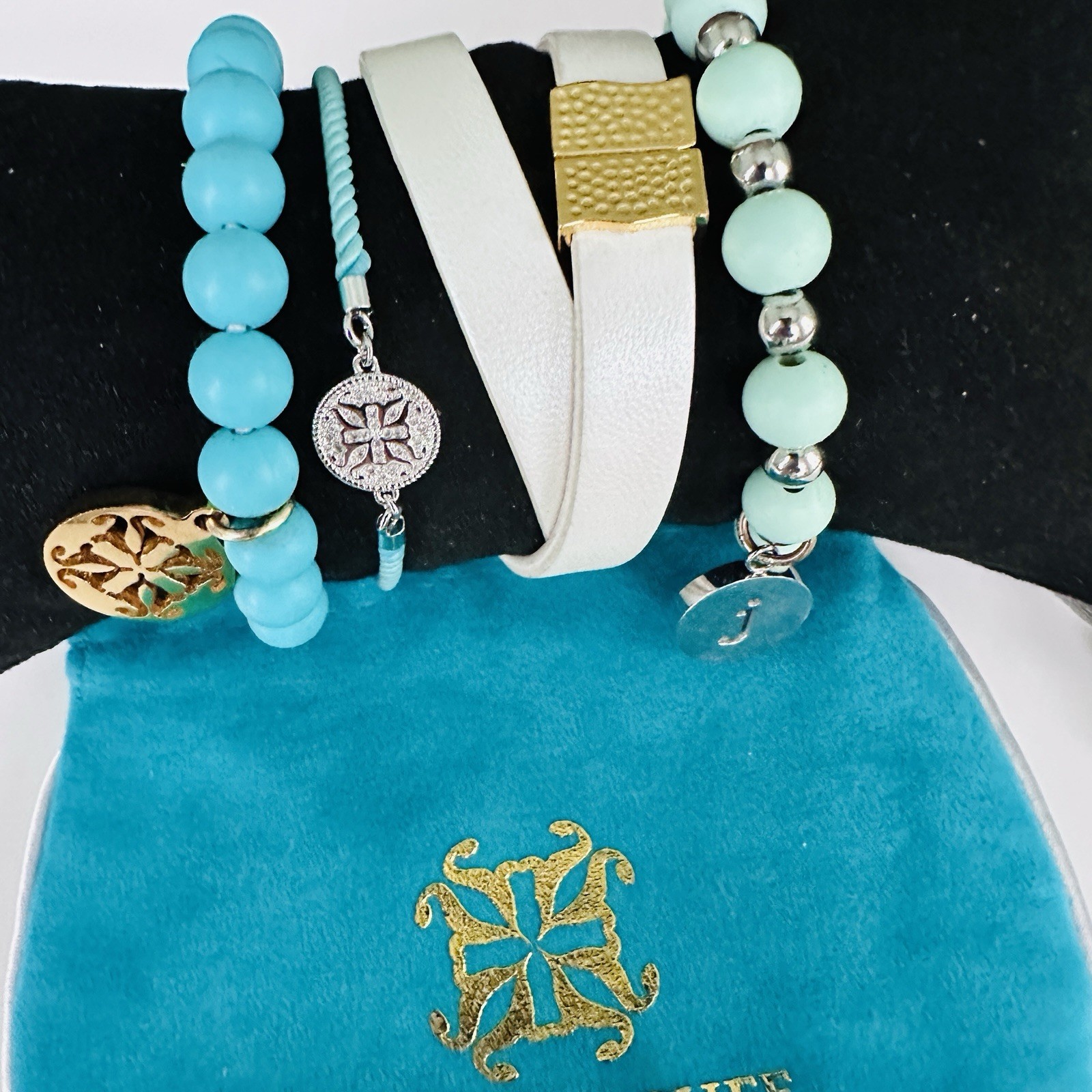 Rustic Cuff Bracelet Stack Coastal Ocean Blue Mint White Beaded Cuff Logo