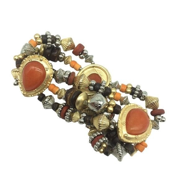 Chico’s Brown Orange Autumn Fall Silver Stretch Statement Bracelet Excellent J52