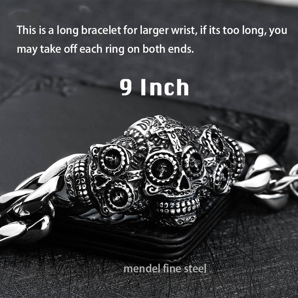 MENDEL Gothic 8 Inch Mens Heavy Stainless Steel Punk Biker Skull Bangle Bracelet