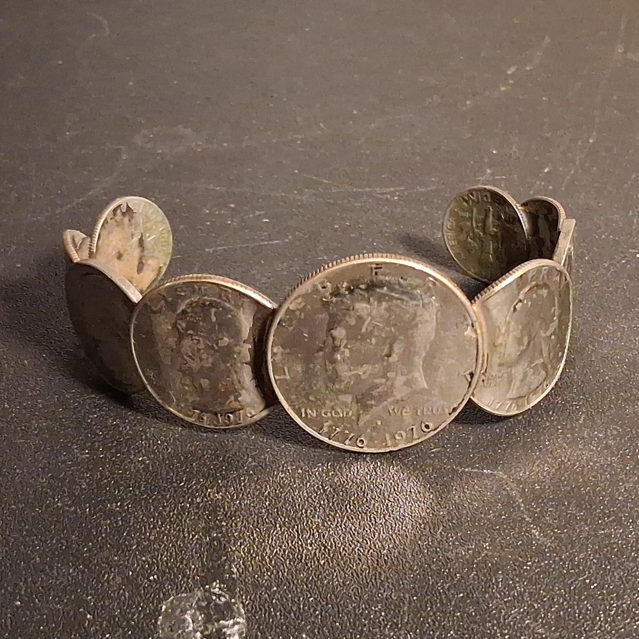 Silver Tone Coin Cuff Bracelet Adjustable Sizable Metal No Stone