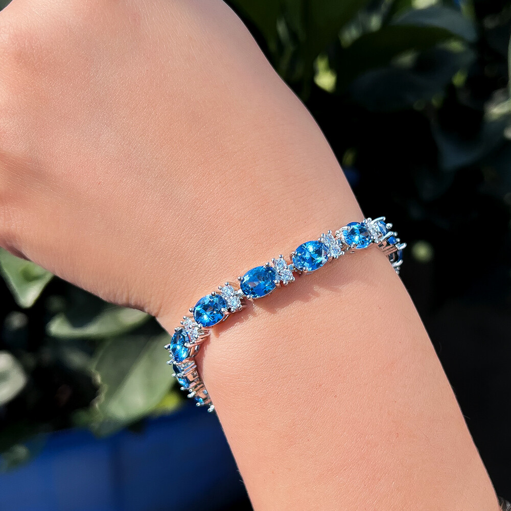 Charming Blue Oval Cubic Zirconia Silver Plated Wedding Bracelet for Women Party