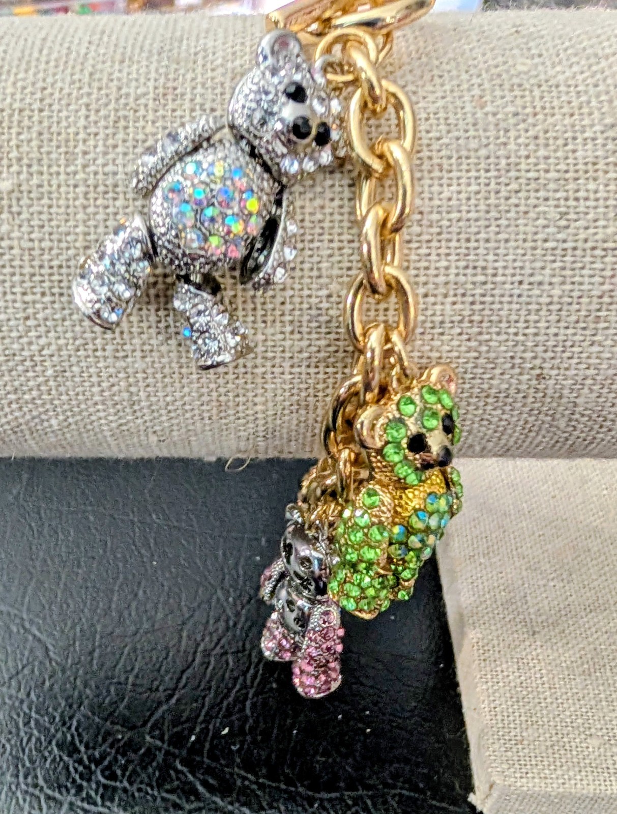 RARE Off Park R Collection Jointed Teddy Bear Charms Bracelet Gold & Silver Pave