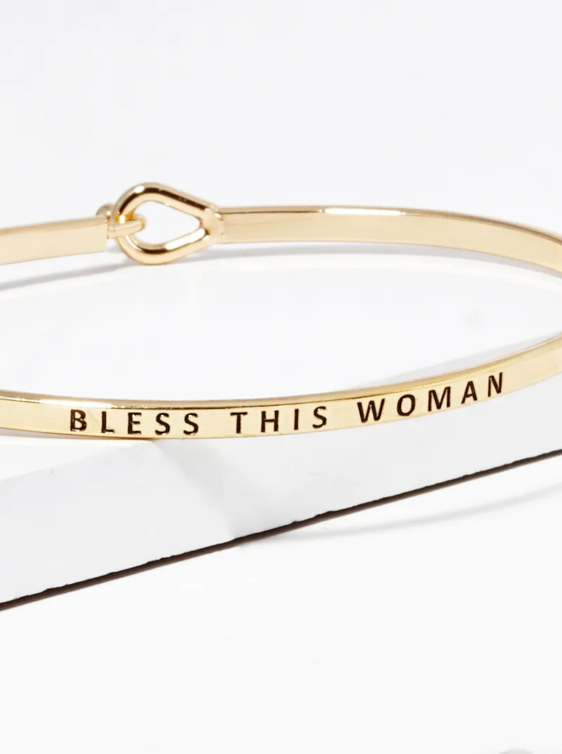 Bless This Woman Engraved Brass Bangle, Interlocking Hook, Gold or Silver