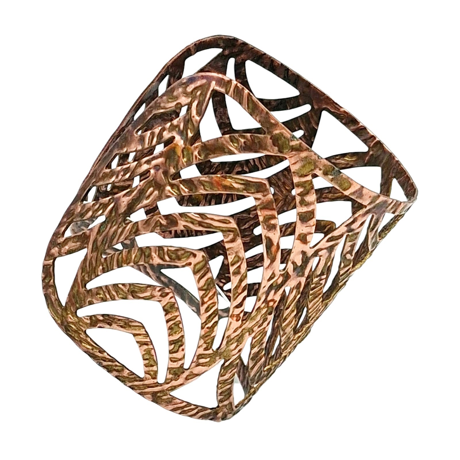 Wide Textured Copper Tone Openwork 4″ Wide Cuff Bracelet 6.5″ Adjustable