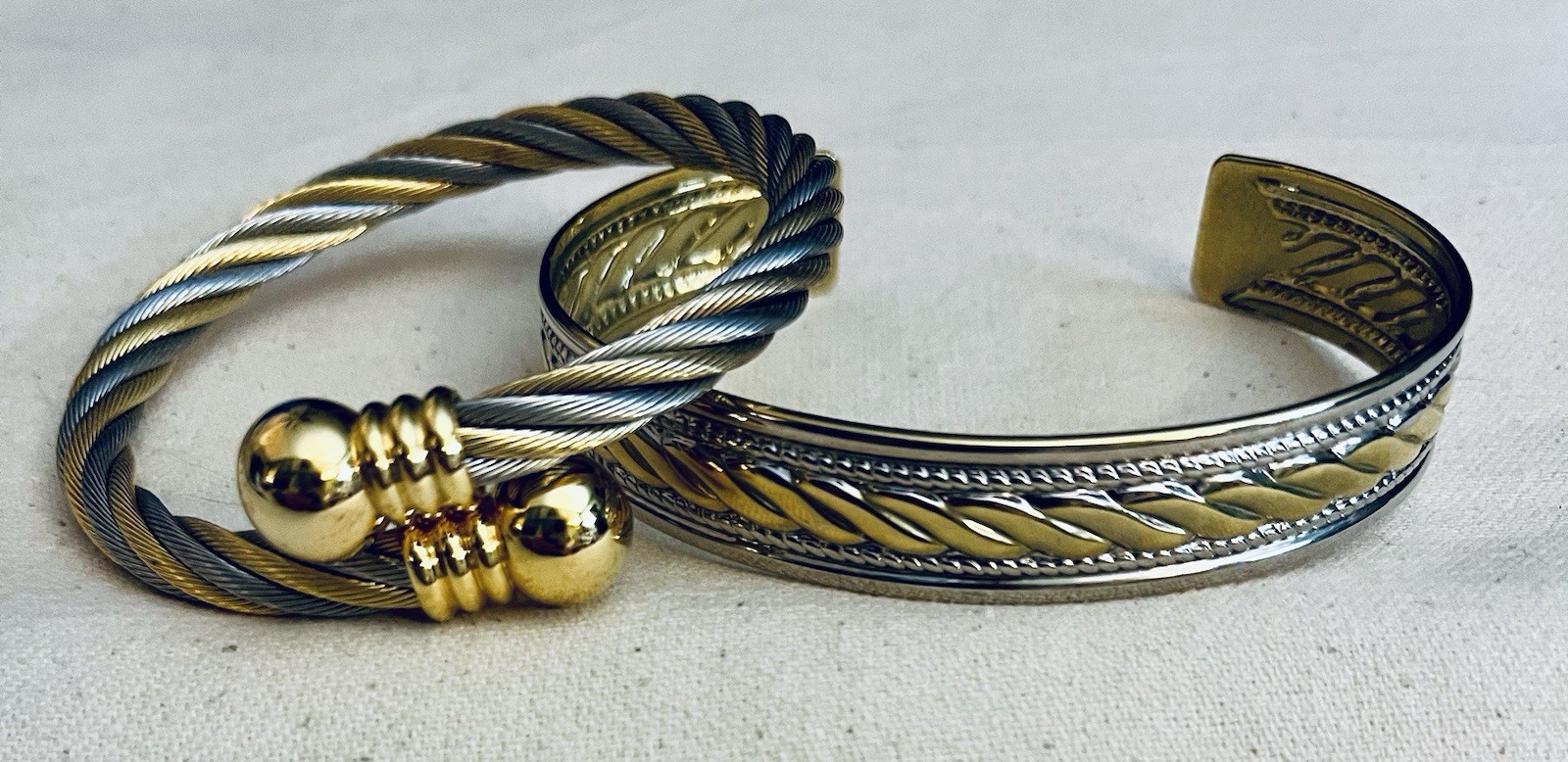 Lot of 2 Two-Tone Bracelets Gold & Silver Tone Cuff & Wrap Beautiful Details