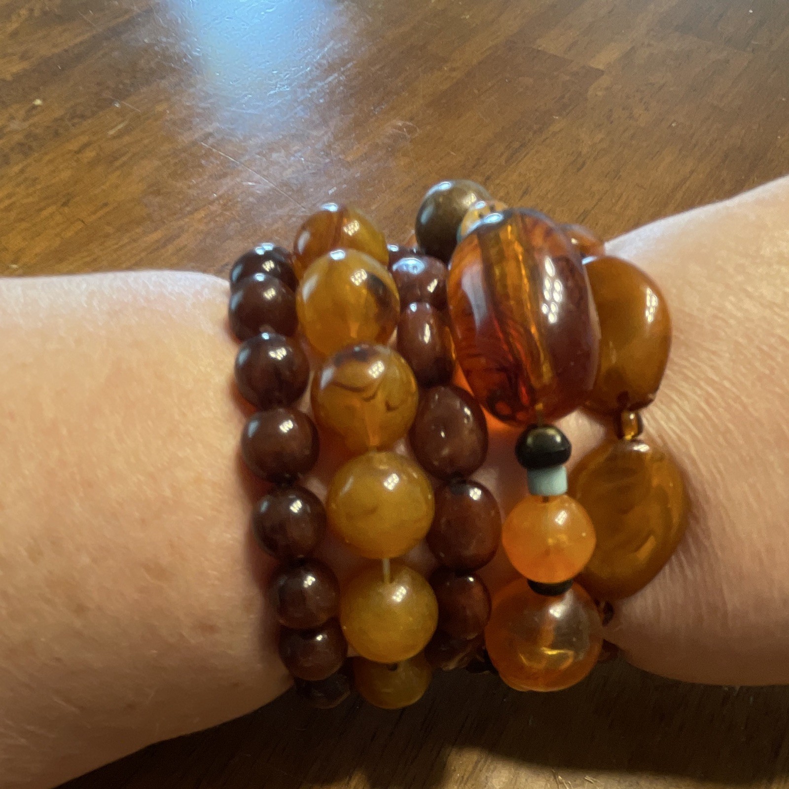 Lot of 5 Brown Orange Round Bead Stretch Bracelets Stackable No Closure