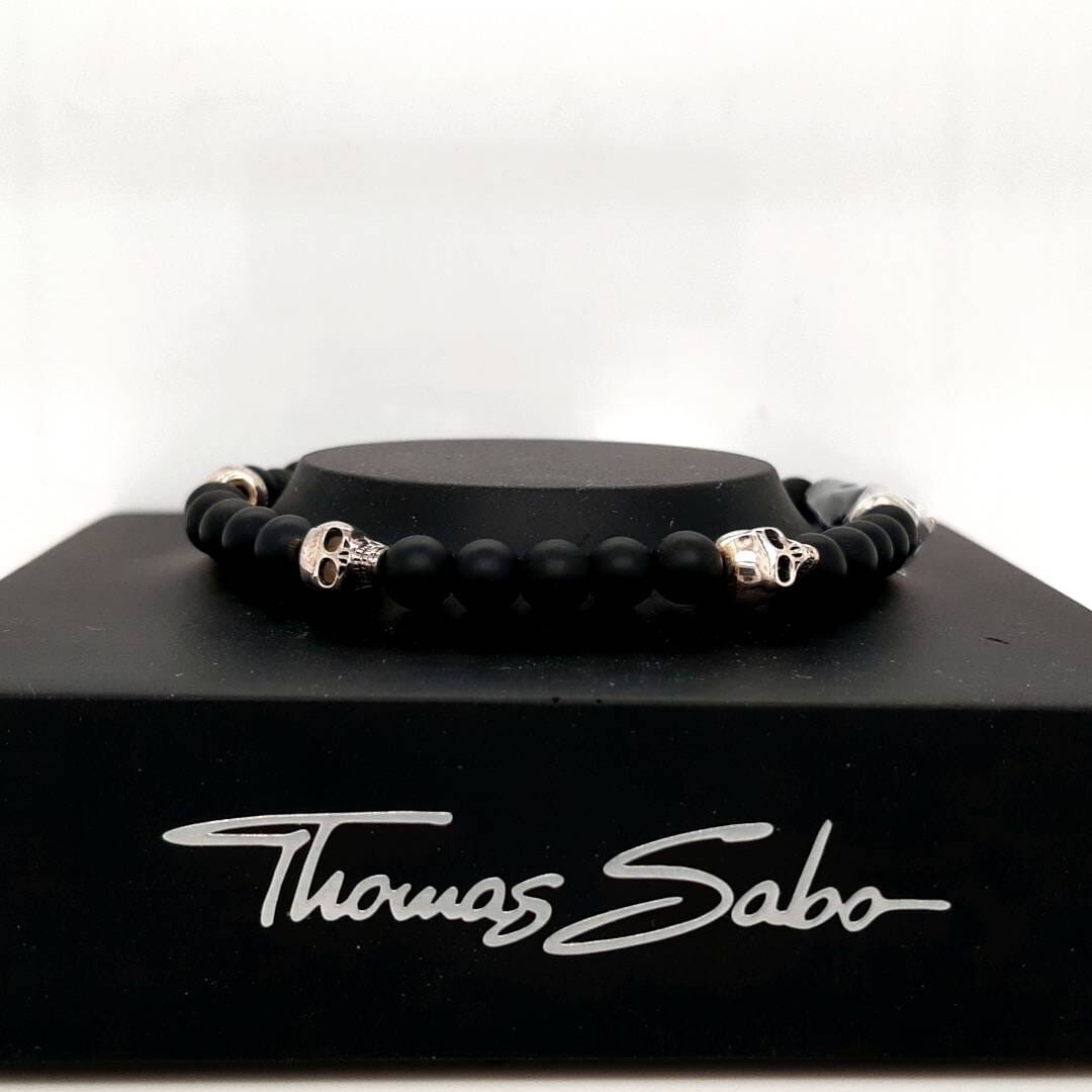 GENUINE THOMAS SABO Men’s Black Obsidian & Silver Skulls Stretch Bracelet