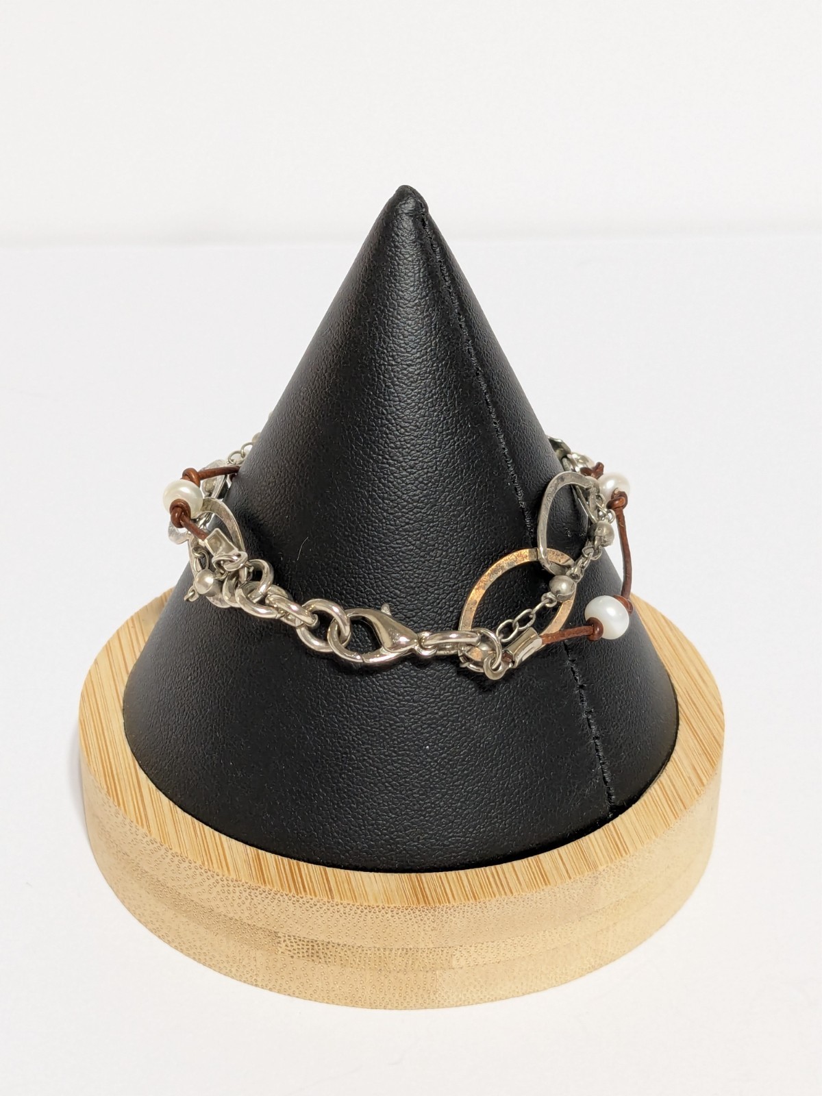 Silver Tone Hammered Sideways Cross Bracelet With Faux Leather/Pearls 6 1/2″