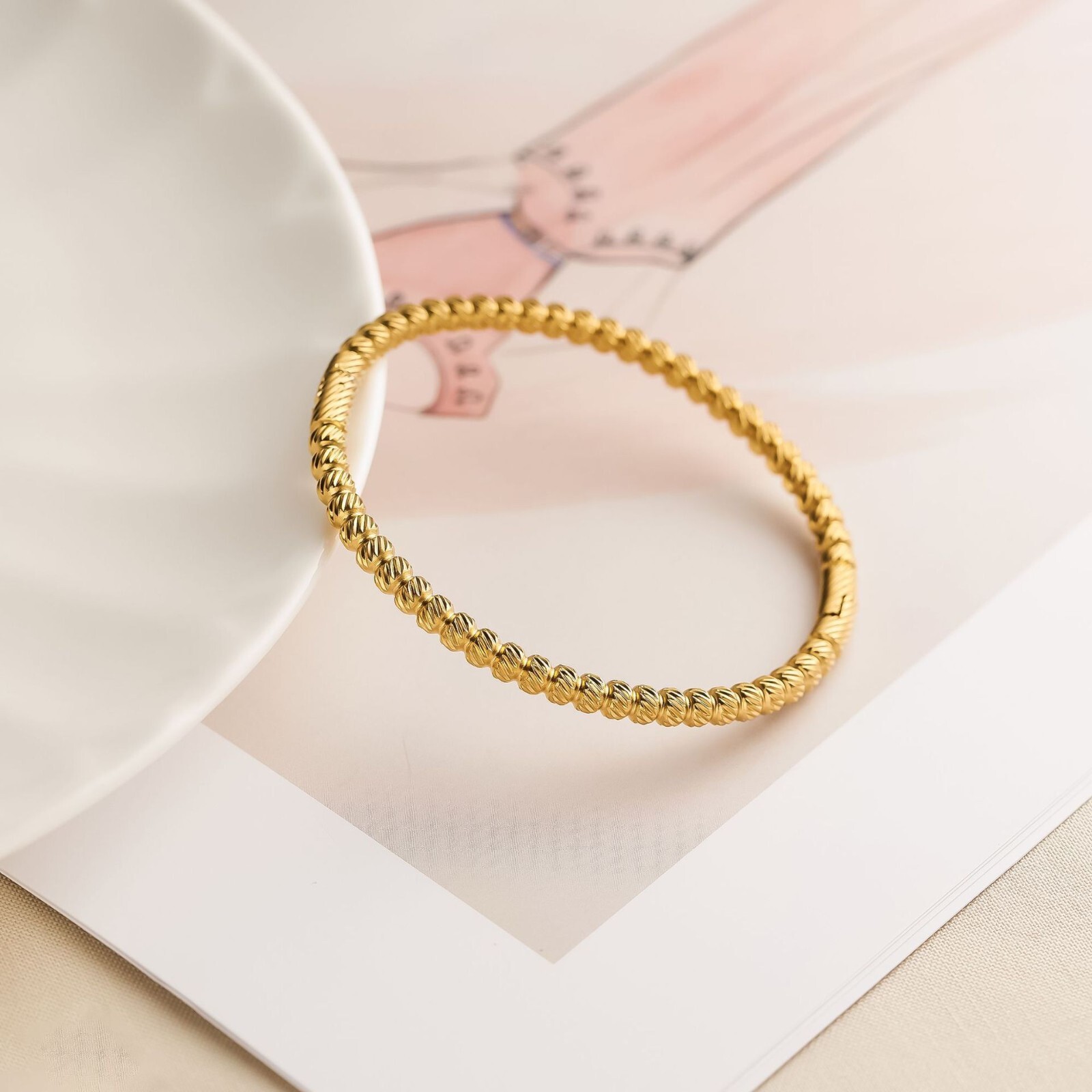 Woman 18K Gold Plated Texture Beaded Cuff Bracelet Bangle Anti-tarnish