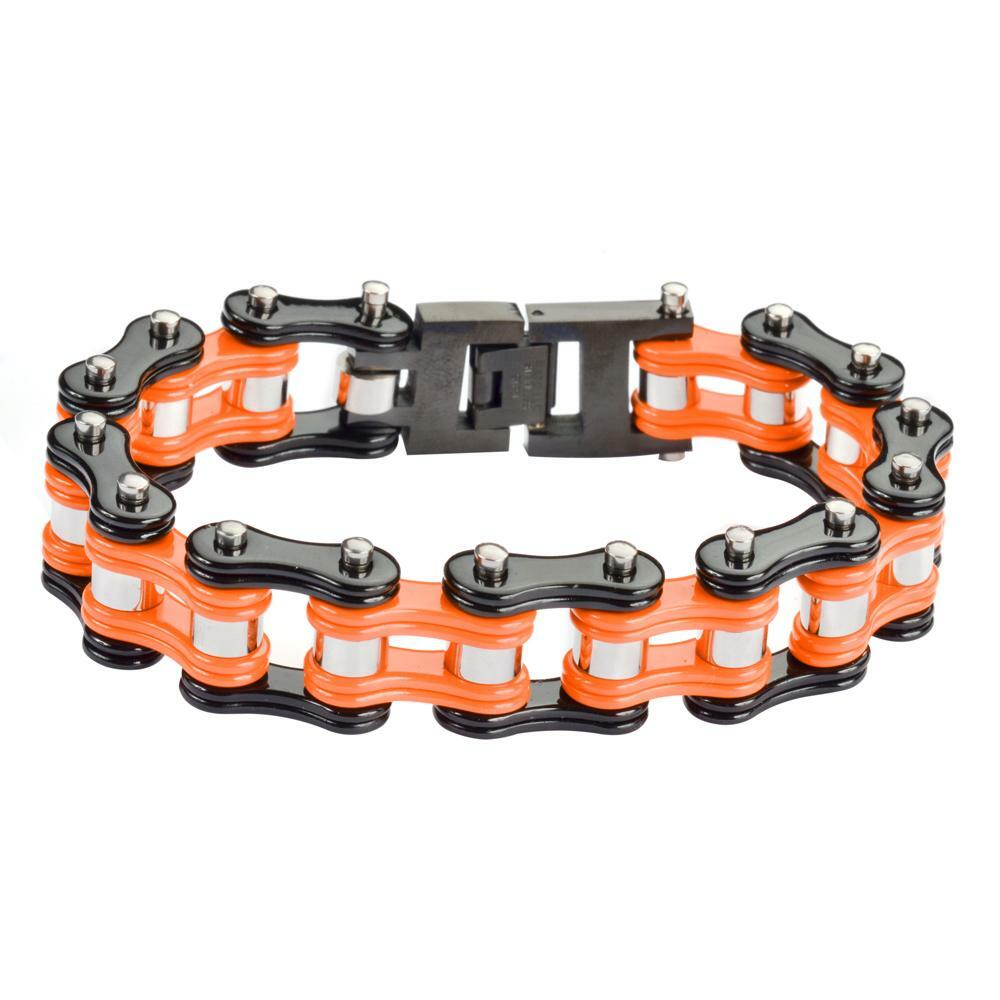 16mm Wide Stainless Steel Black & Orange Motorcycle Biker Bracelet 77