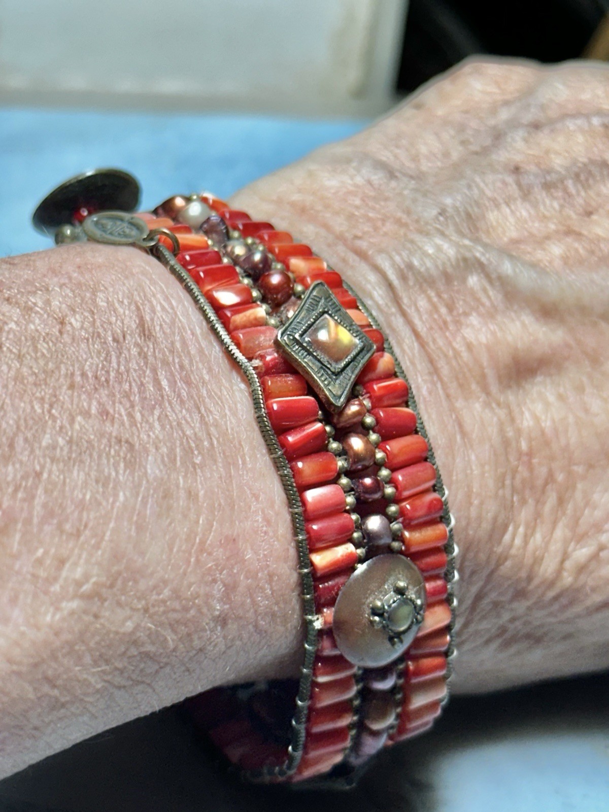 Unique Boho Orange Glass beaded Bracelet signed ac-Antique Metal Tone 7.25″