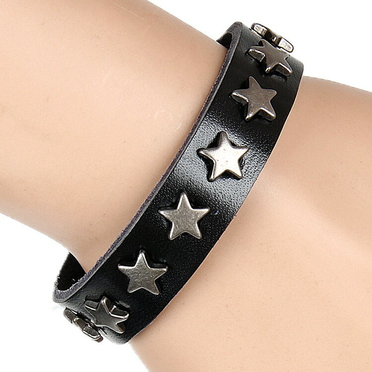 1-4PCS Men Women Star Metal Wristband PU Leather Cuff Bracelet Bangle Gift US