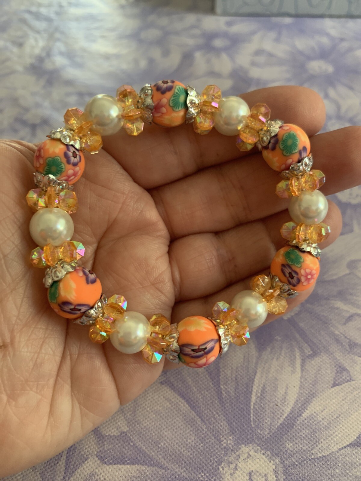 Black Brown Orange Flower Clay & Pearl Style Beads Stretchy Elastic 3 Bracelets