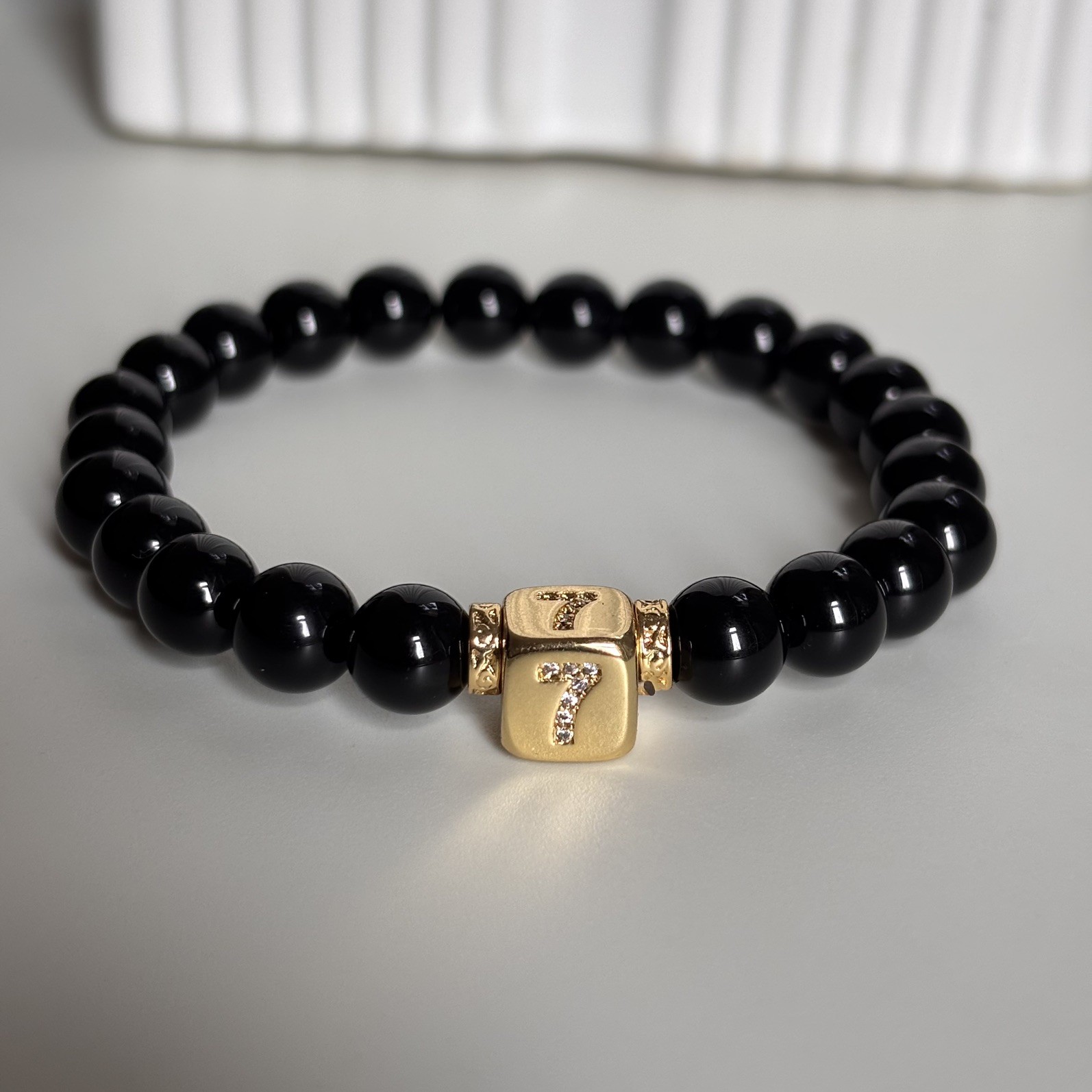 Men’s Women’s Black Onyx Gemstone Bracelet With Lucky Number 7 Cube Handmade