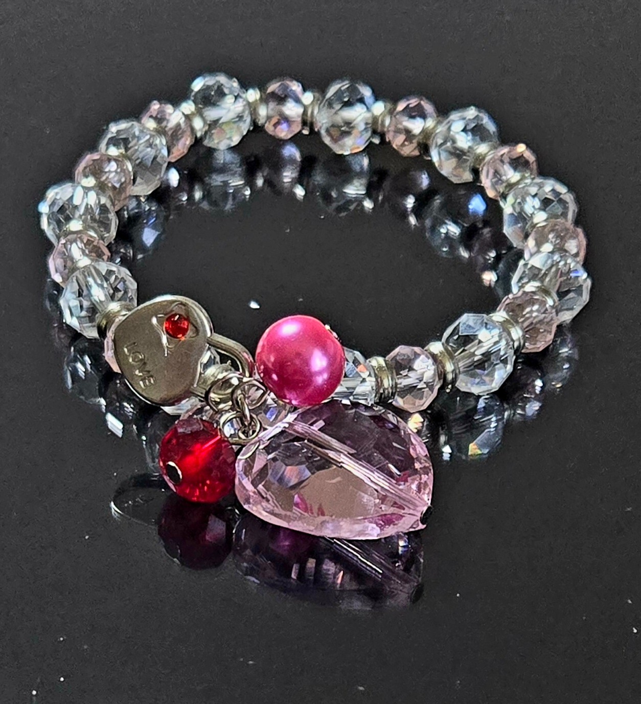 Heart Bracelet Pink Heart Gift for Woman LOVE Cluster Beaded Stretch Handmade