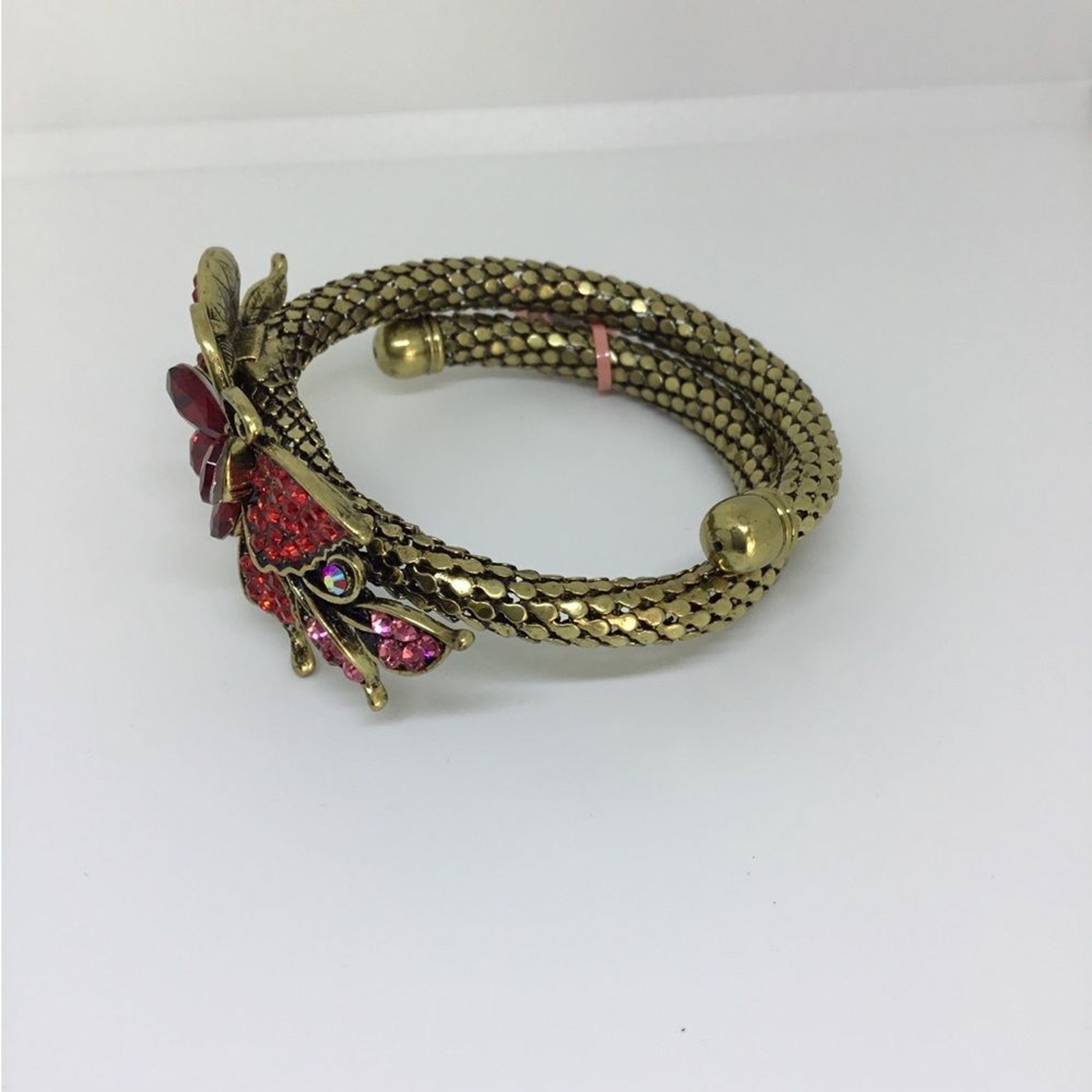 Butterfly Statement Bracelet with Red Rhinestones on Gold-tone Mesh Cuff NWT