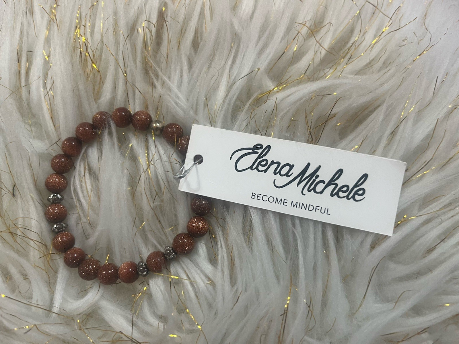 Elena Michele Orange Brown Sparkle Goldstone Beaded Bracelet Roll On Stretcha