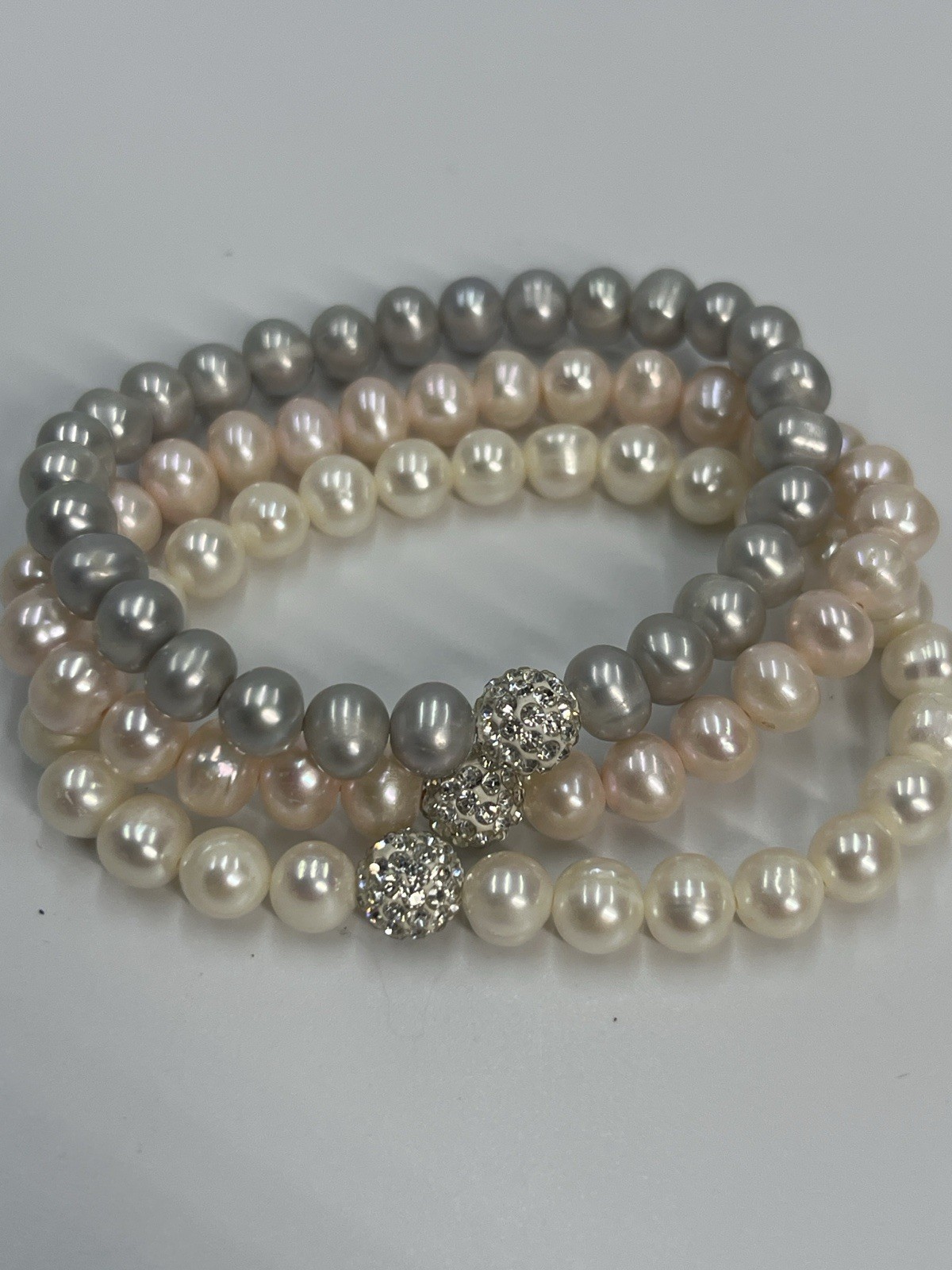 Freshwater Pearl Bracelet Set of 3 Ivory Pink Gray Stretch Bridal Elegant Stack