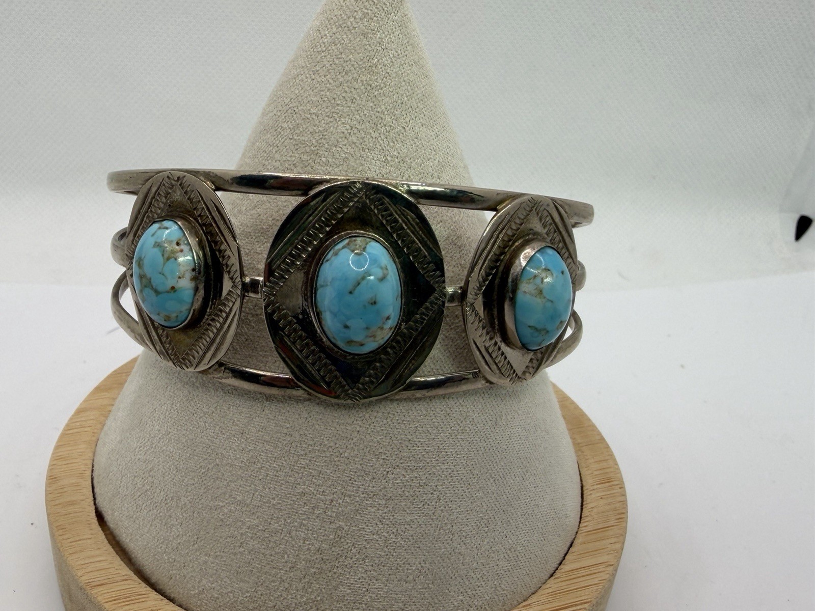 Vintage Silver Tone Large Faux Turquoise Statement Cuff Bracelet Mexico