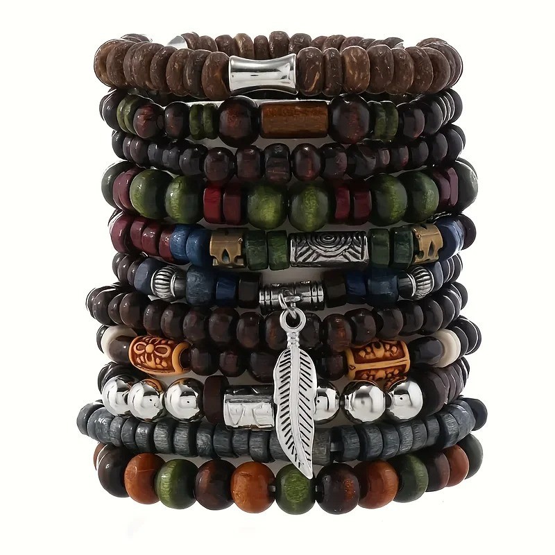 Bohemia Men’s Bracelets – 10pcs Vintage Fashion Stylish Leaves Wristwear