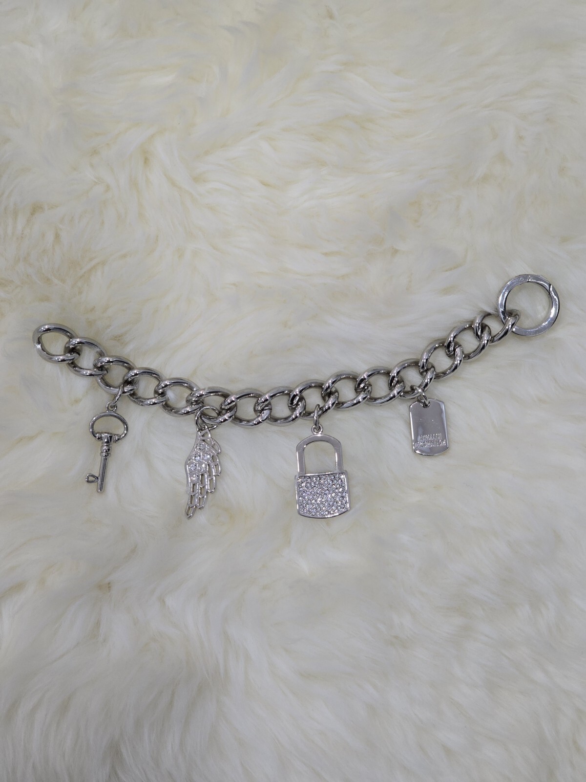 Armani Exchange Chain Bracelet Stainless Steel Silver Charms Push Lock BNWT
