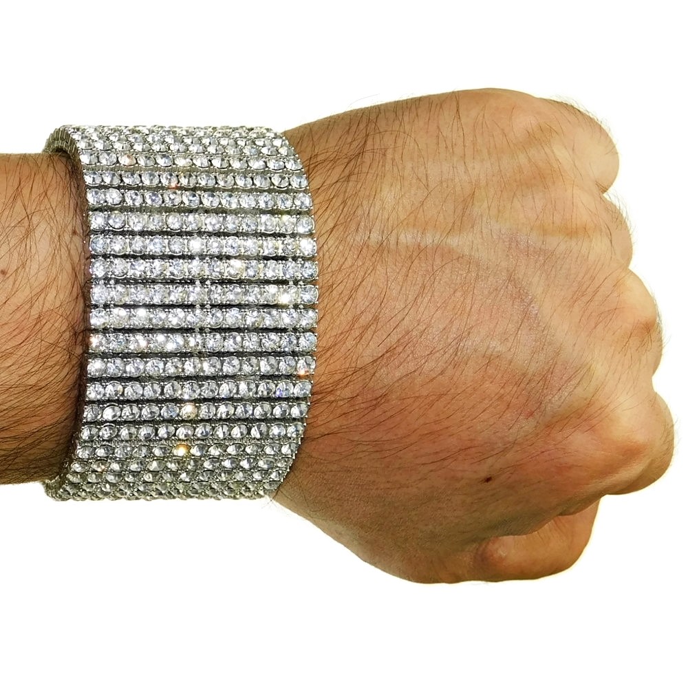 Men’s Bracelet 12 Row Pharaoh Silver Tone Heavy Iced Bling Out CZ Hip Hop 9.25″