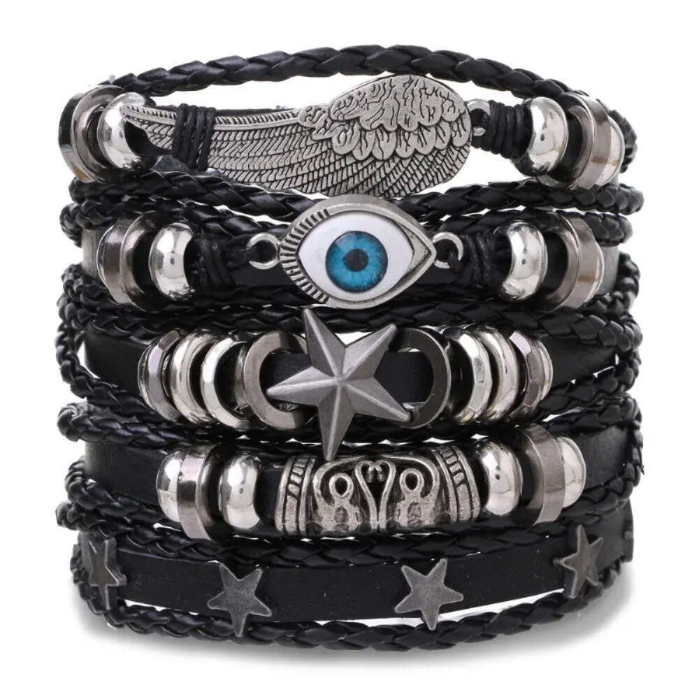 NEW Evil Eye Themed PU Leather Stack Fashion Bracelet Set – Pack of 5 Bracelets