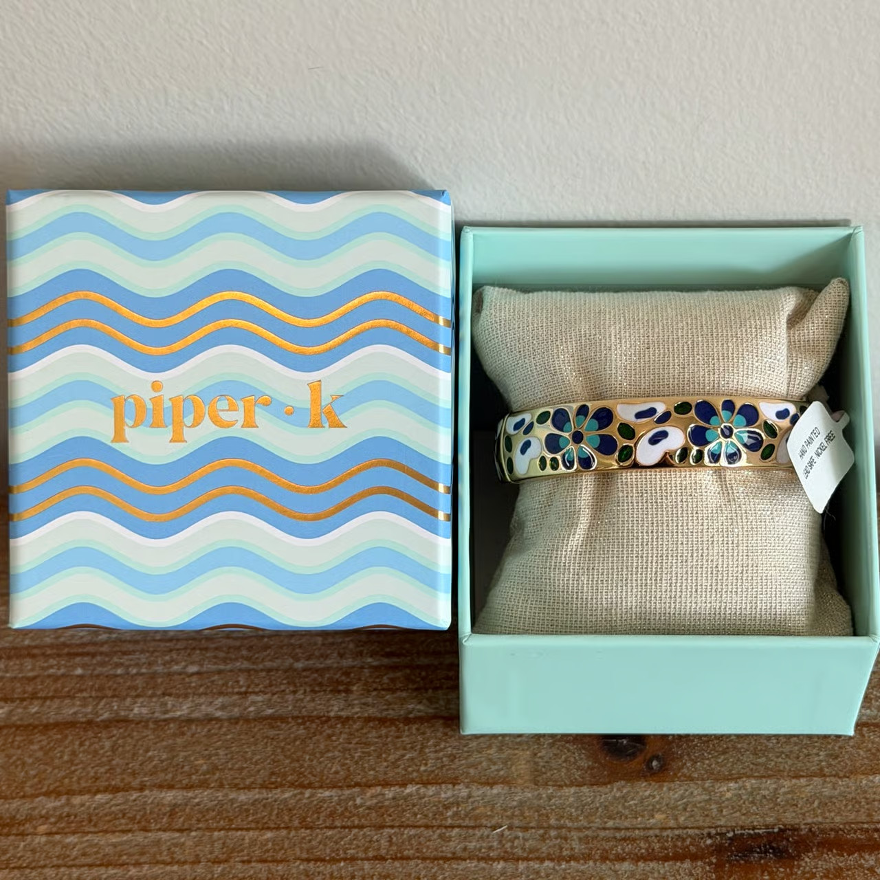 Piper K Gold Plated Floral Enamel Hinged Bracelet Hand Painted Nickel Free NWT