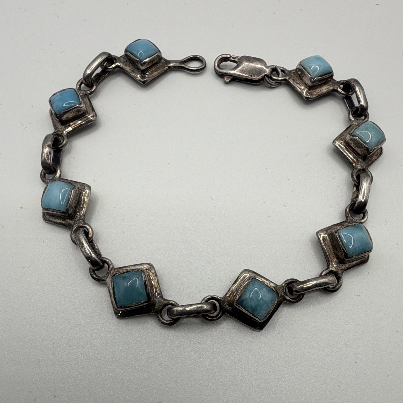 Sterling Silver Metal Link Chain Bracelet Turquoise Stones Lobster 7 in