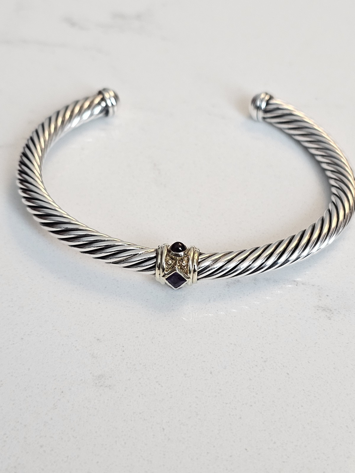 David Yurman Renaissance 5mm Silver Bracelet 14K Gold Amethyst & Garnet Medium