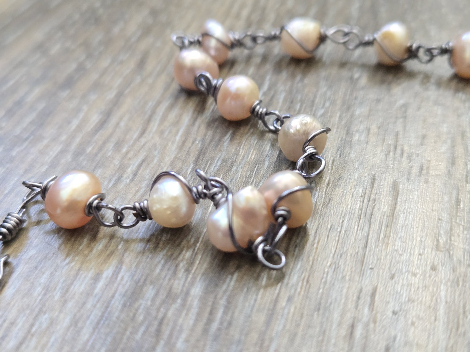 New pearl oxidized silver plated double wire wrap handmade bracelet, 8in, 8.42g