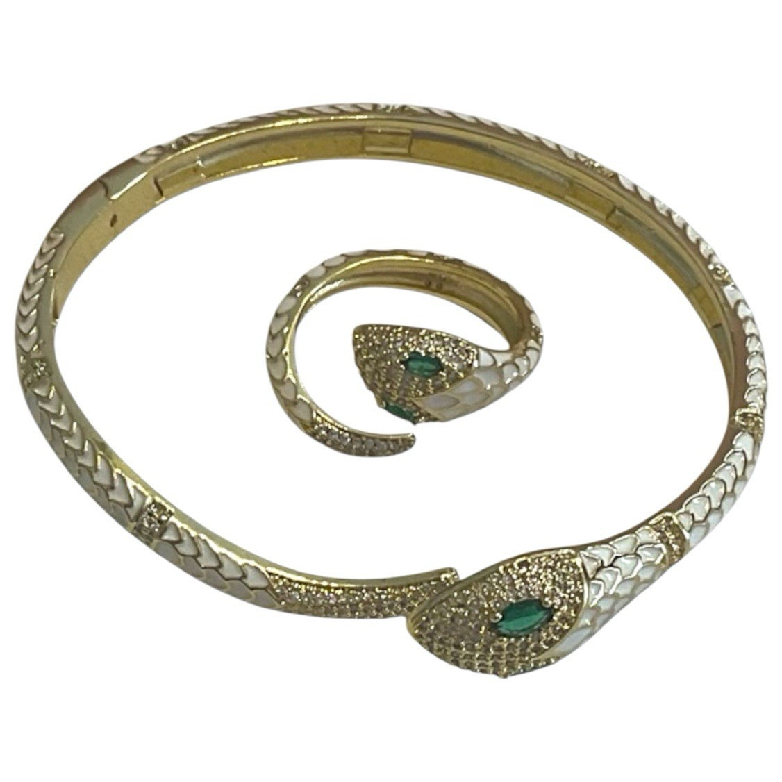 Gold Tone Snake Adjustable Cuff Bangle Bracelet Green Marquise Crystal Eyes