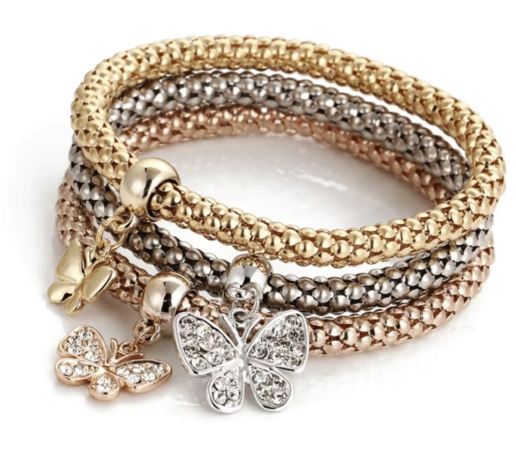 3piece Zinc alloy Butterfly Pendant Charm Bracelet Stretchable Braclet1