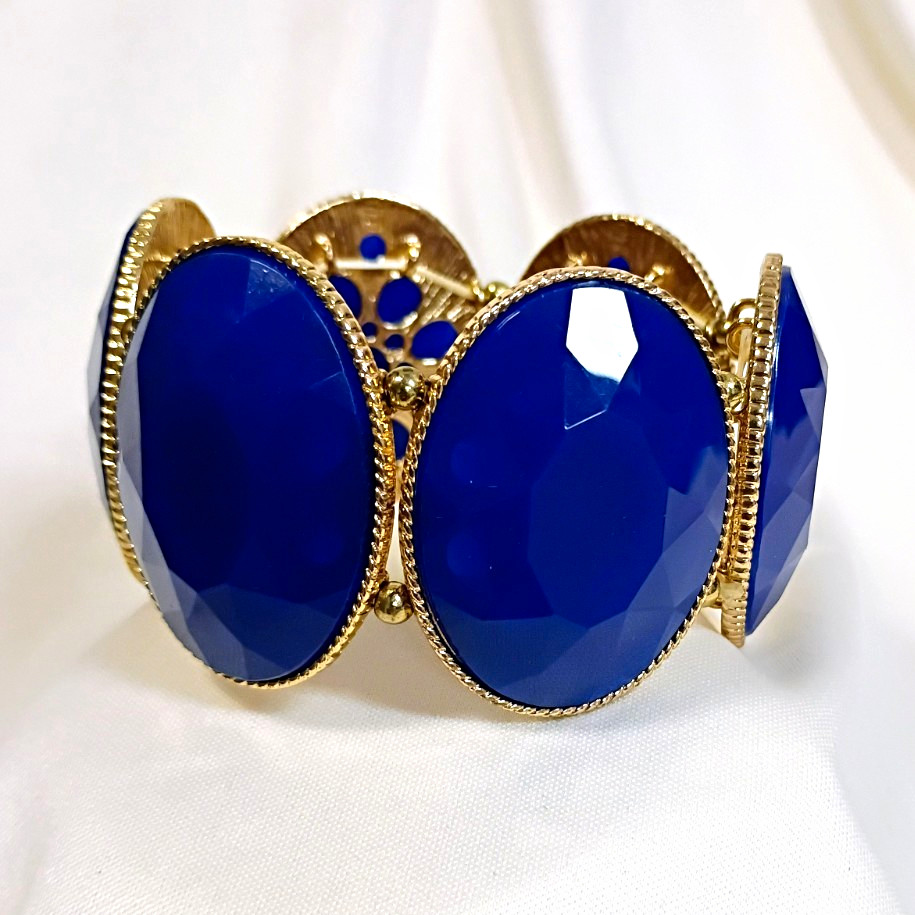 Gold Tone Blue Oval Faceted Stone Cuff Bracelet Adjustable Stretch
