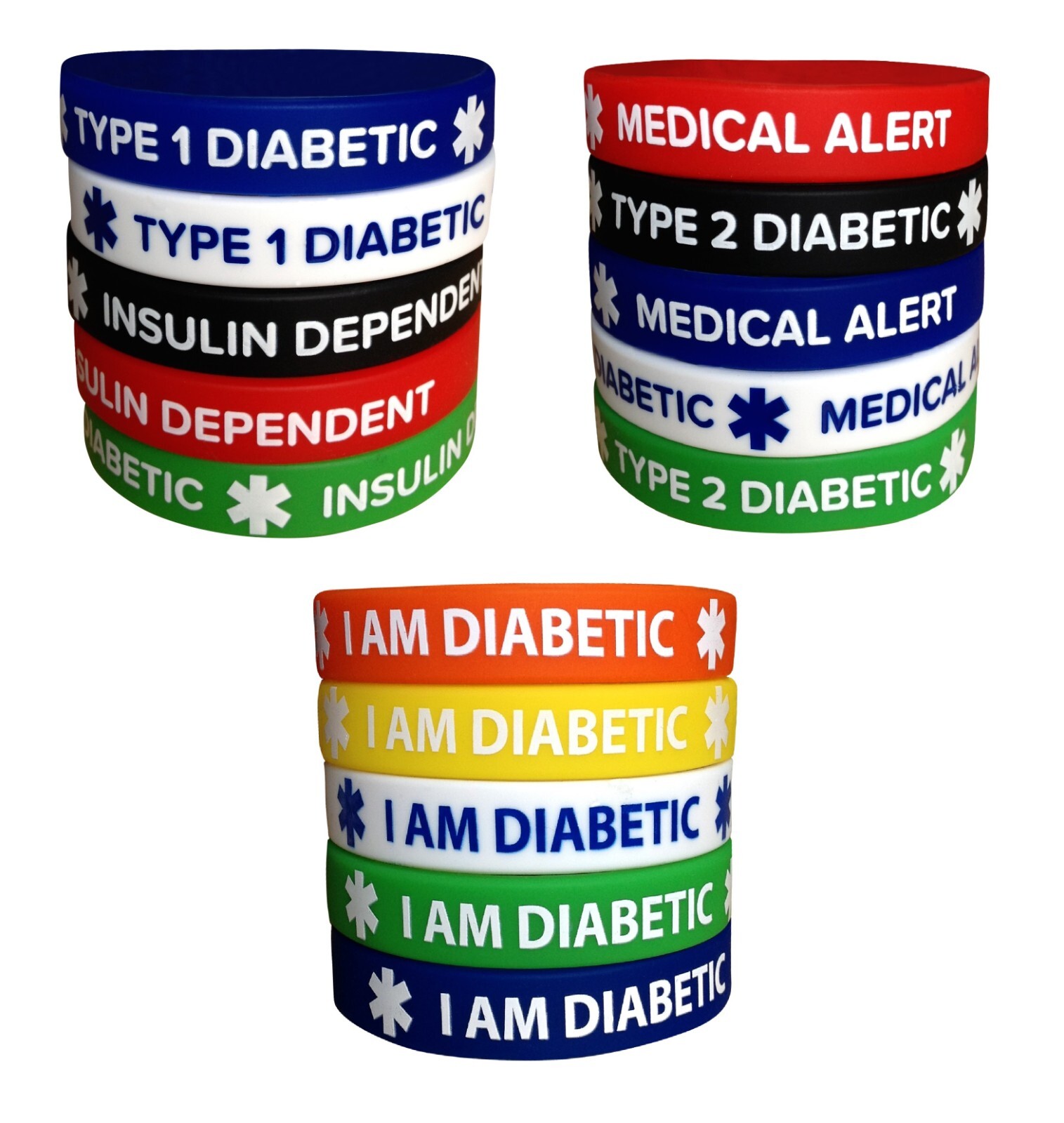 Pack of 5pcs Diabetic Silicone Bracelets Adult Size 7.8″ or 20 cm ID Wristband