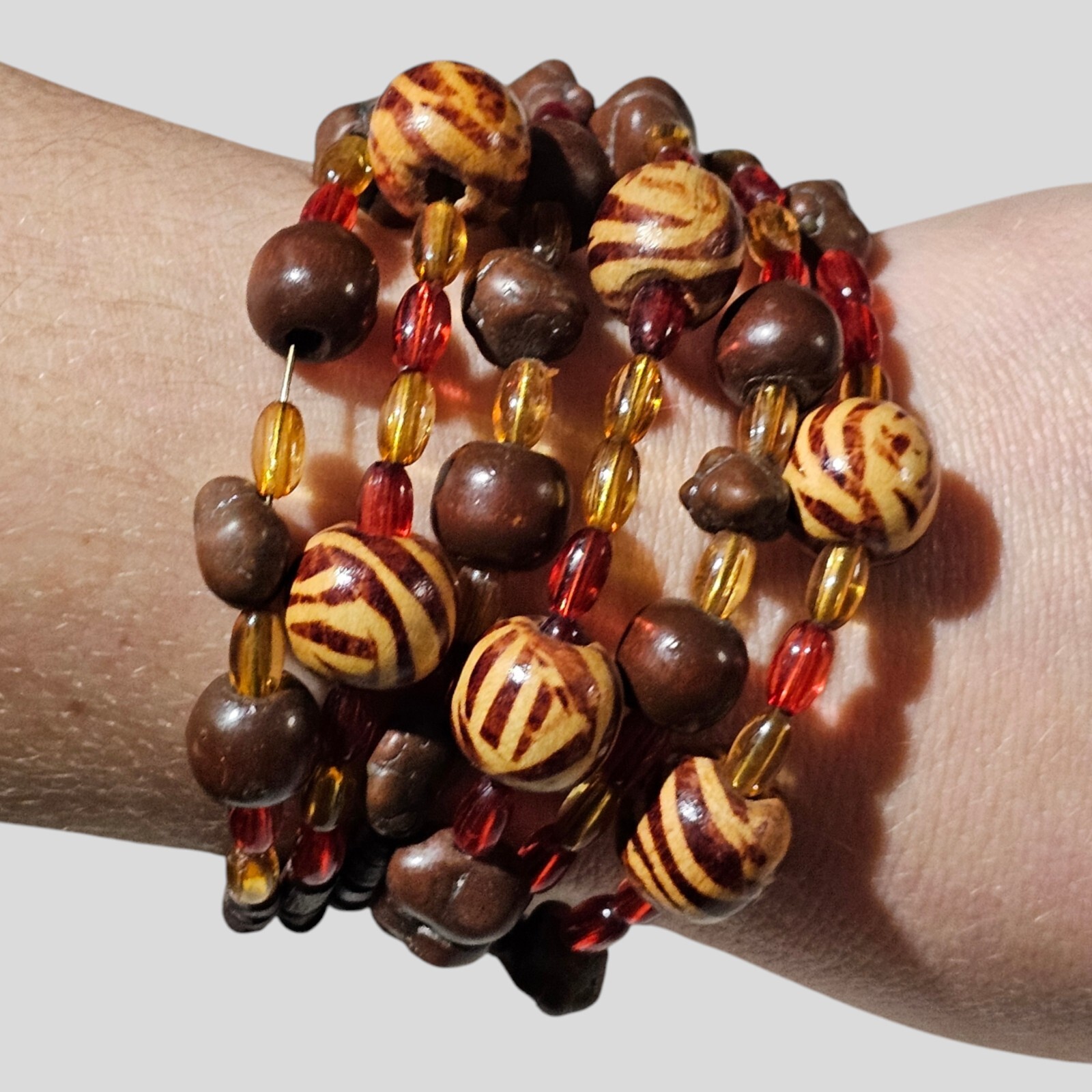Wood Bead Cuff Bracelet One Size Brown Orange Beads
