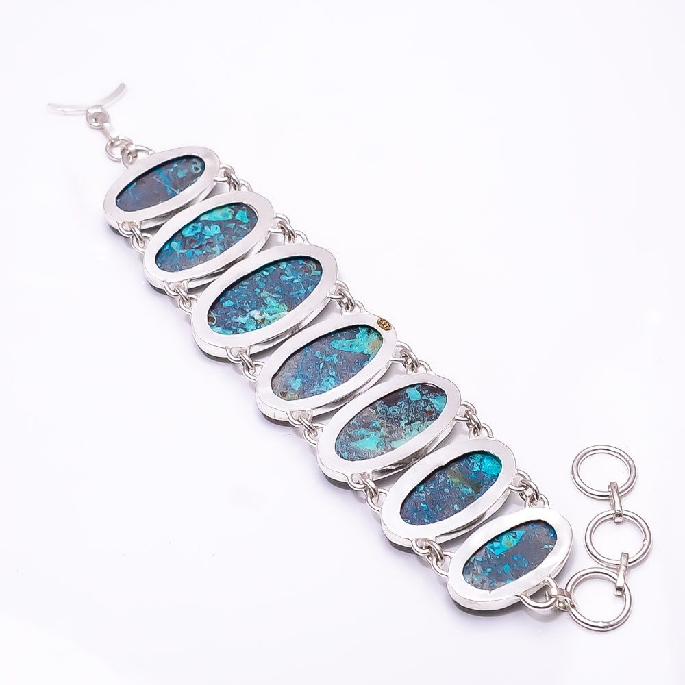 Natural Chrysocolla -Madagascar Gemstone 925 Sterling Silver Bracelet 7.99″ B1