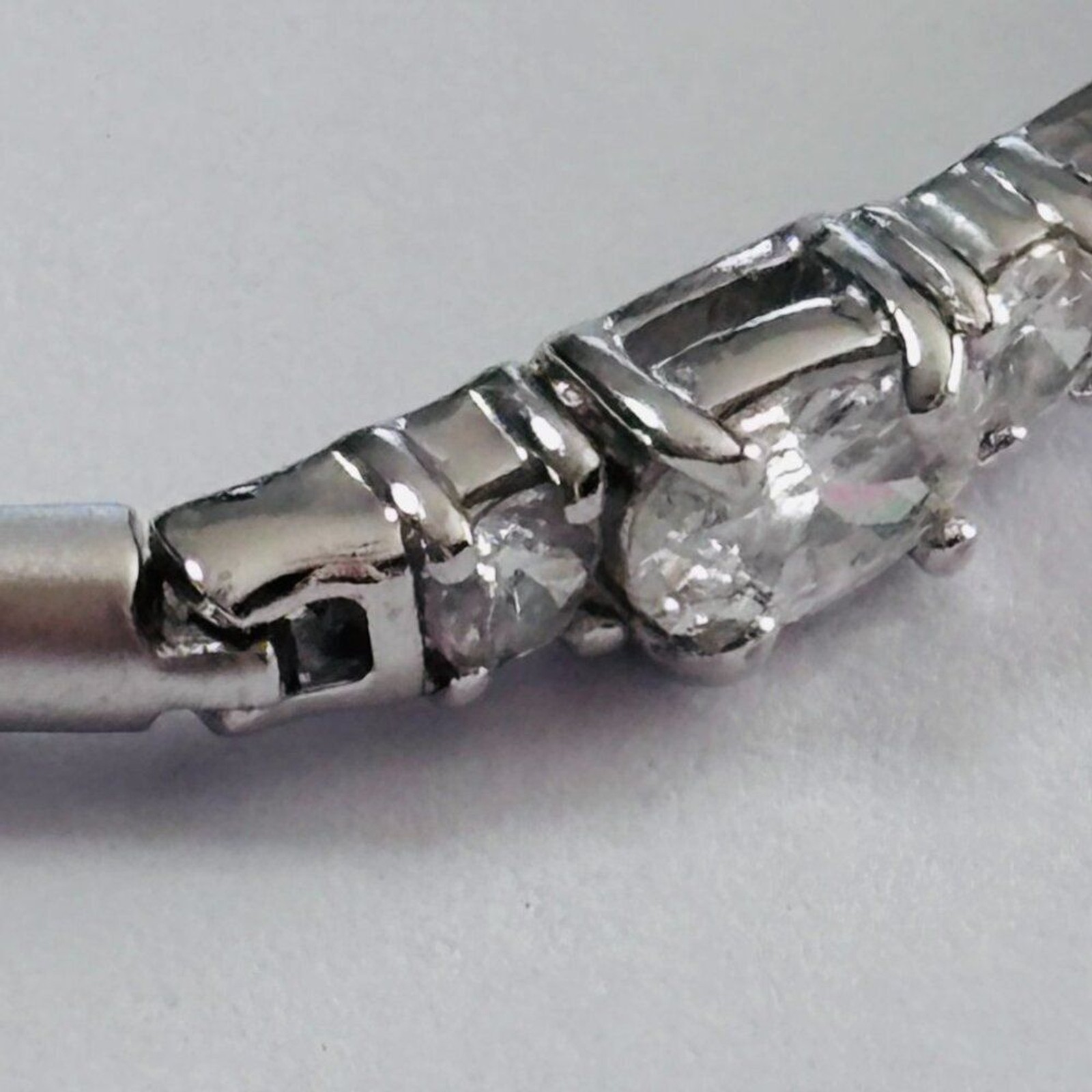Silver Tone Oval & Round CZ Link Bracelet 7” Box Clasp Sparkle