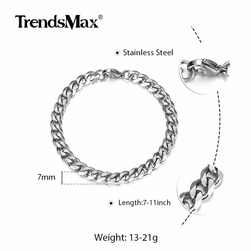 7mm Curb Cuban Link Chain Stainless Steel Bracelet for Men Silver Tone