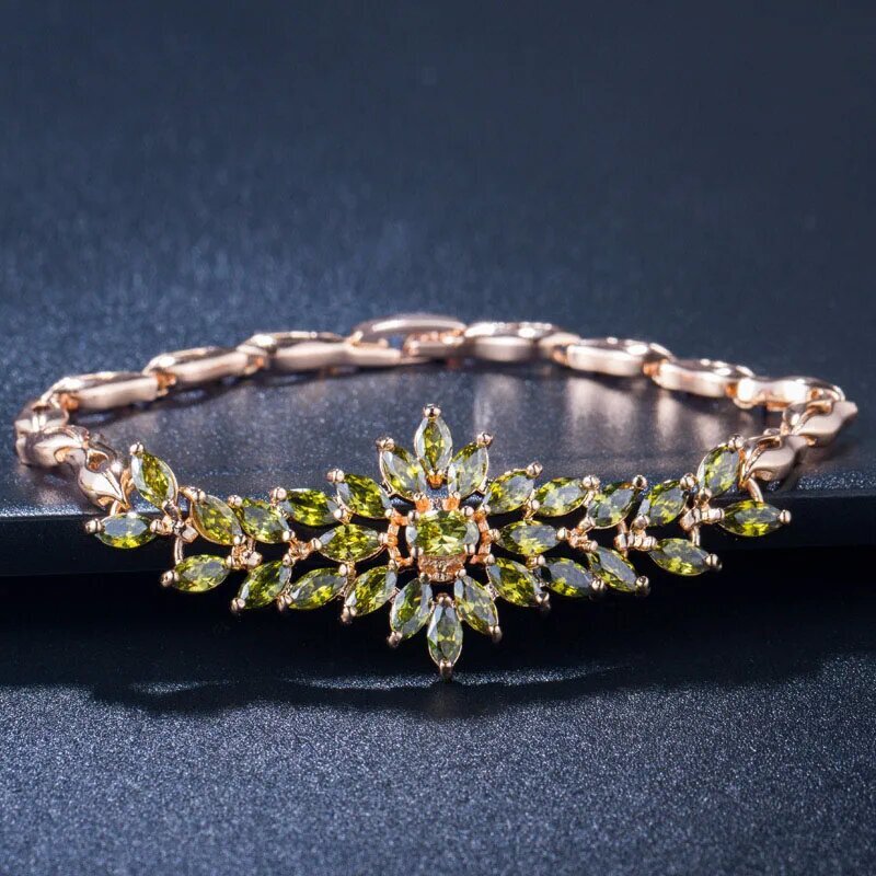 Luxury Yellow Gold Plated Multicolor Cubic Zirconia Women Flower Charm Bracelet