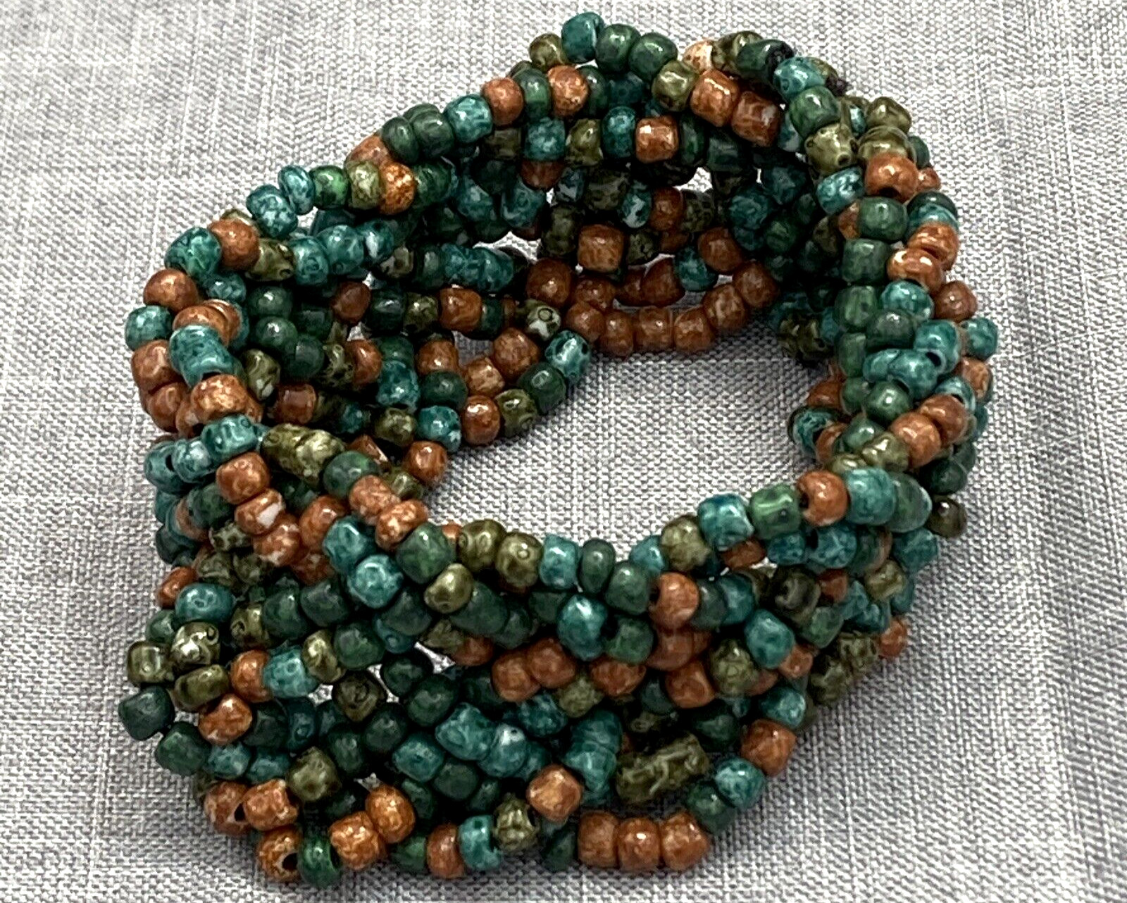 Braided Beaded Multi Band Stretch Bracelet Green Brown Orange