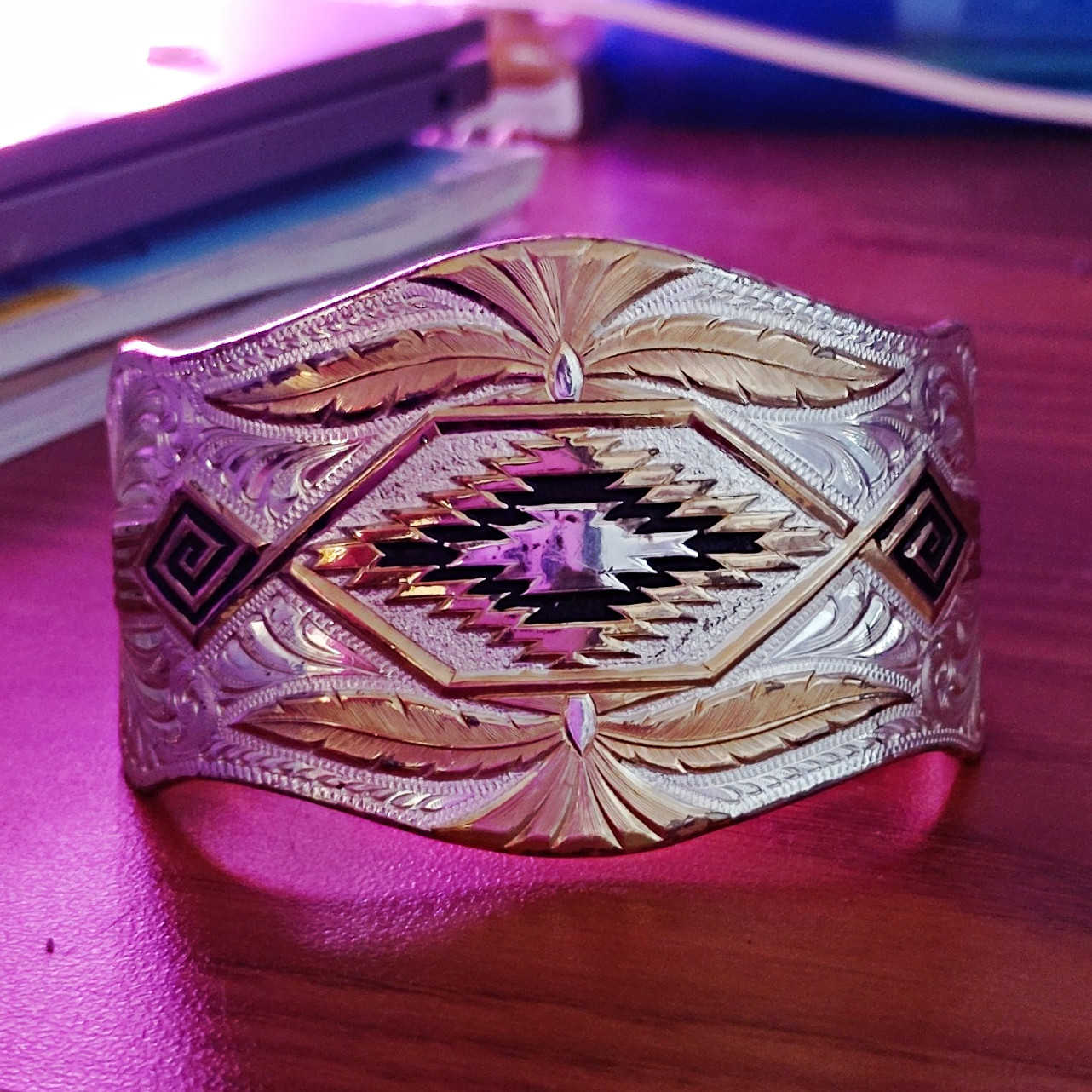 Two-Tone Silver Gold Engraved Metal Cuff Bracelet Geometric Center, No Stone