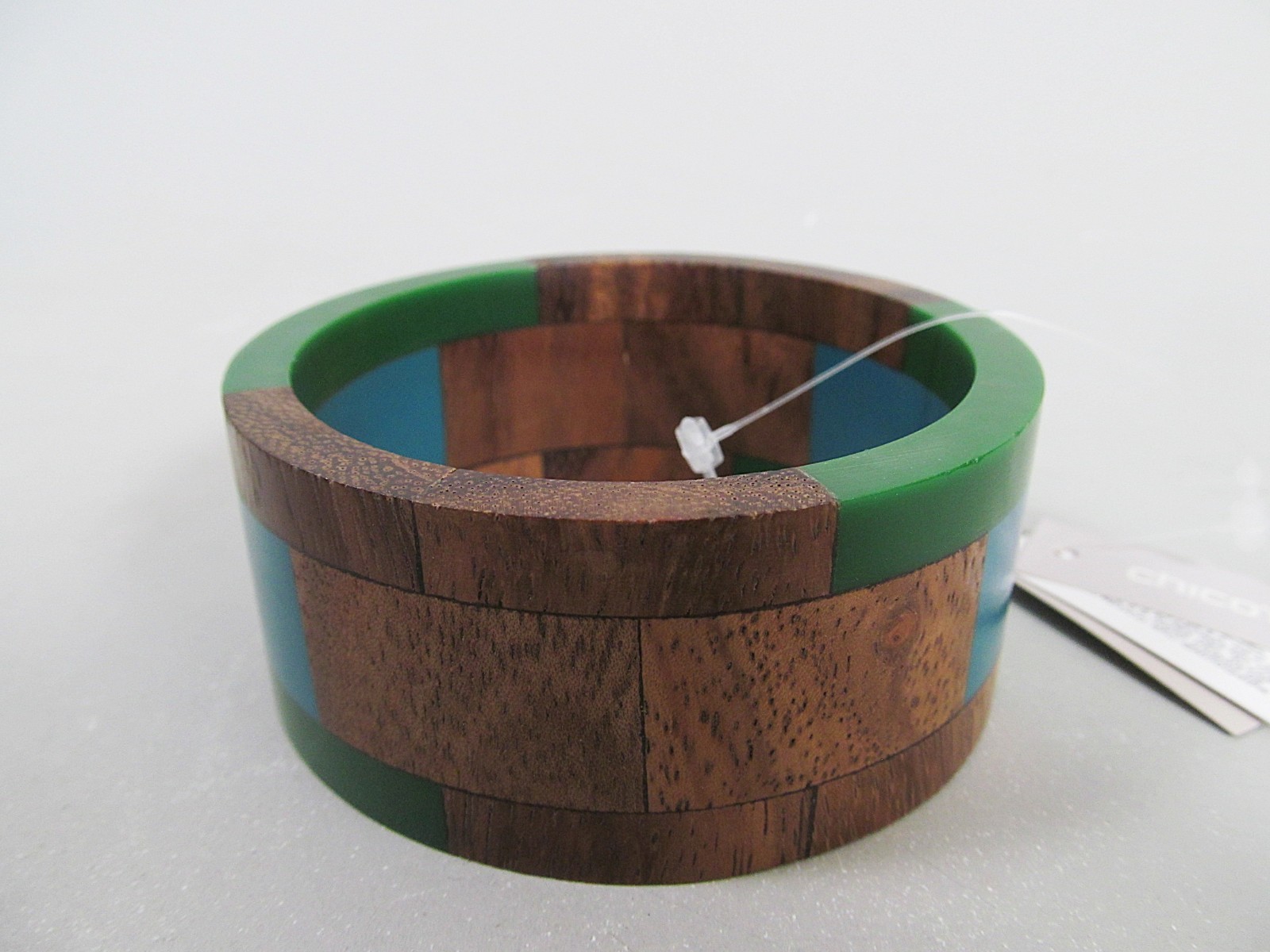 Chico’s Wide Blue Green Wood Bangle Bracelet Ethnic Natural Boho Chunky New NWT