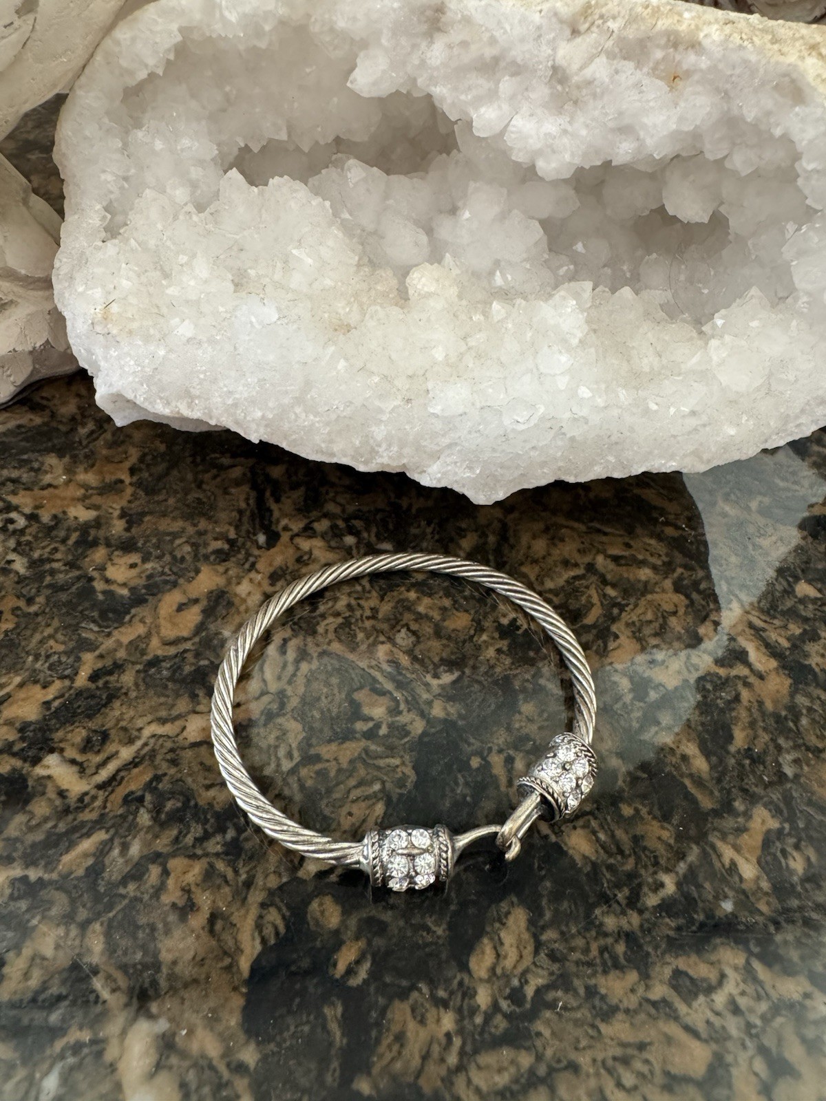 Silver Tone Rope Cuff Bracelet White Crystal Pavé Ends Hook Closure