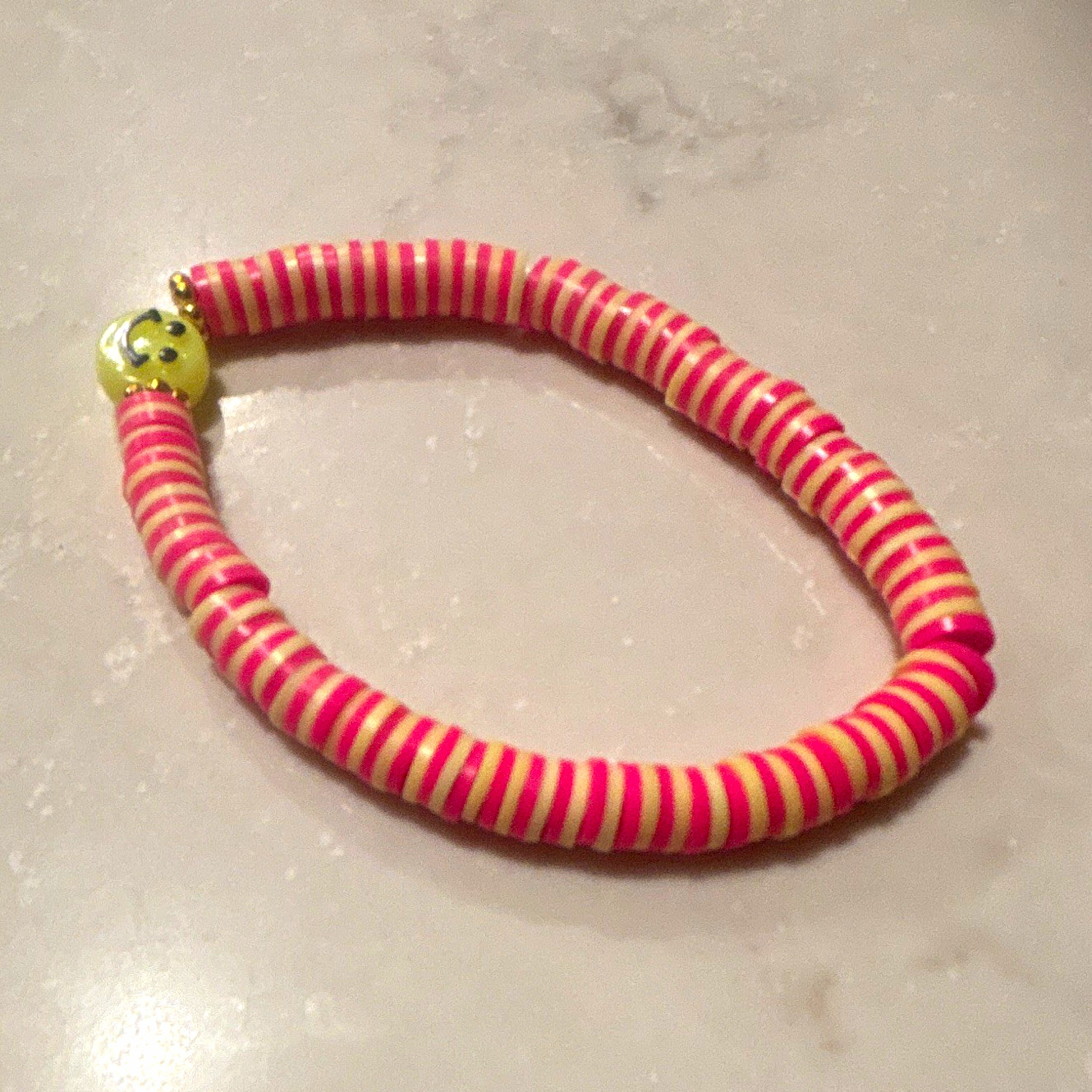 Pink White Beaded Adjustable Charm Bracelet Green Smiley Bead Slide Closure