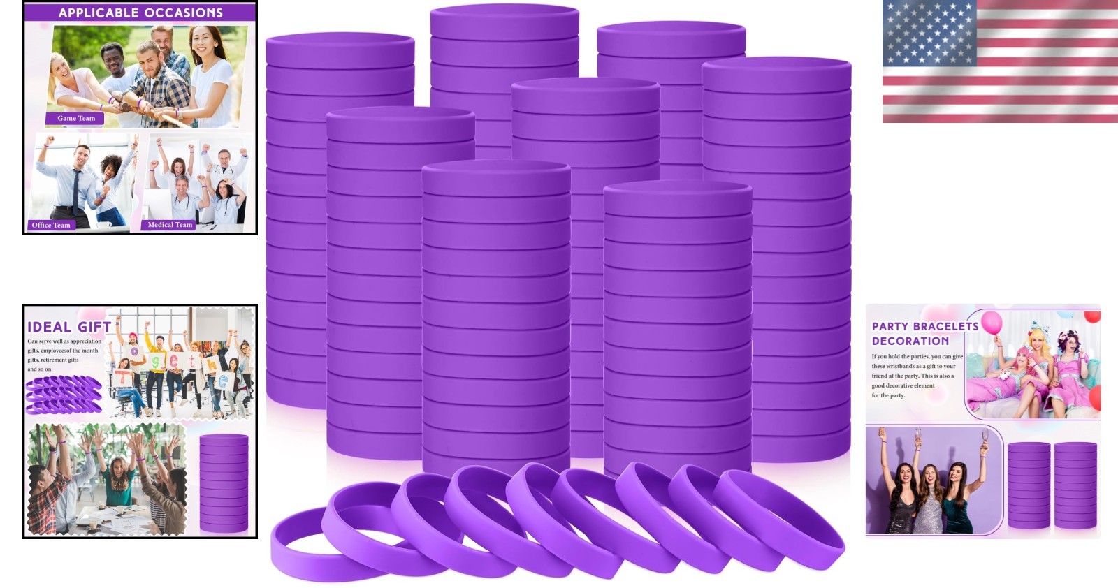 Silicone Rubber Wristbands Bulk for Women Men Purple 100 Pcs Stretchy Bracelets