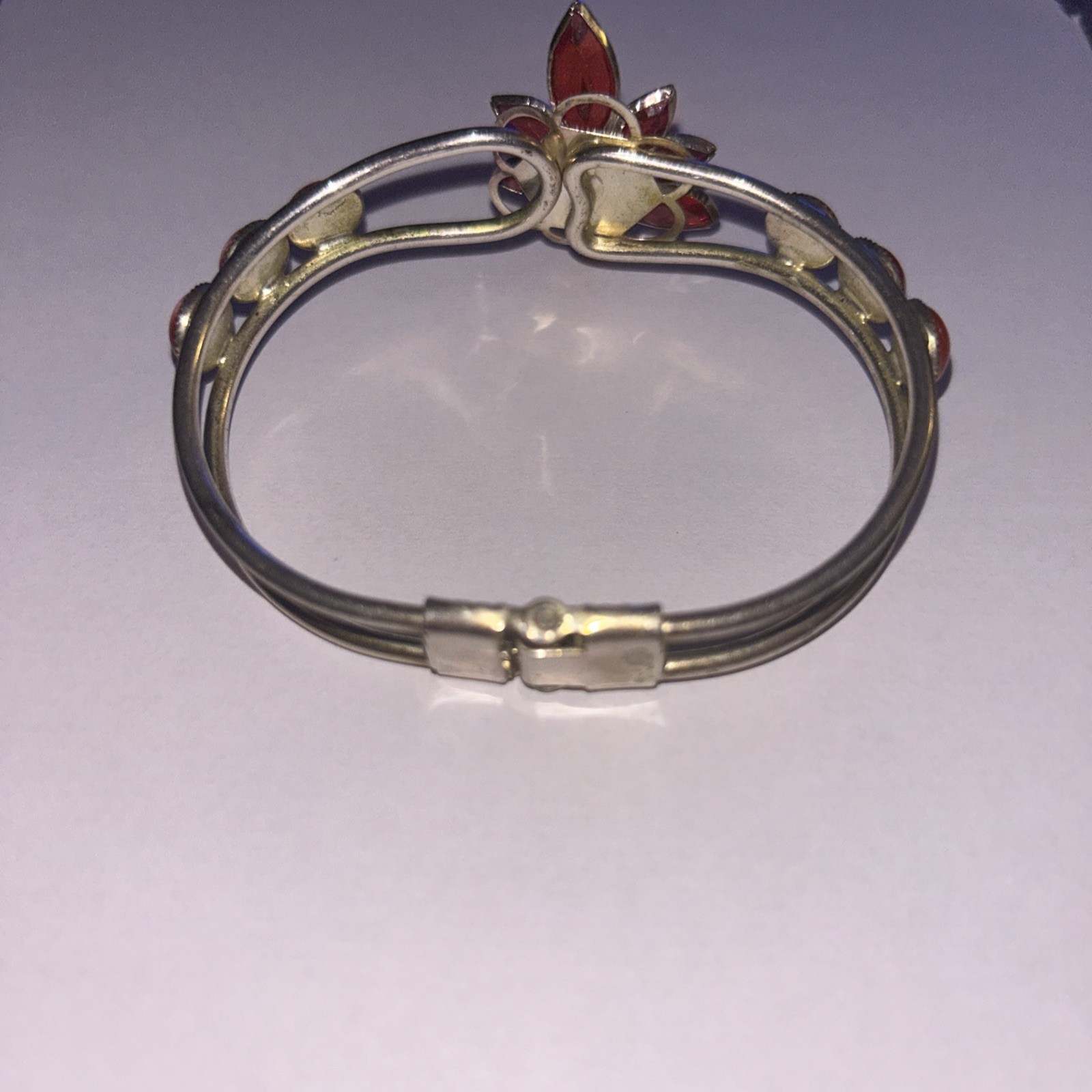 Silver Tone Cuff Bracelet W/flower Orange Marquise Shaped & a crystal