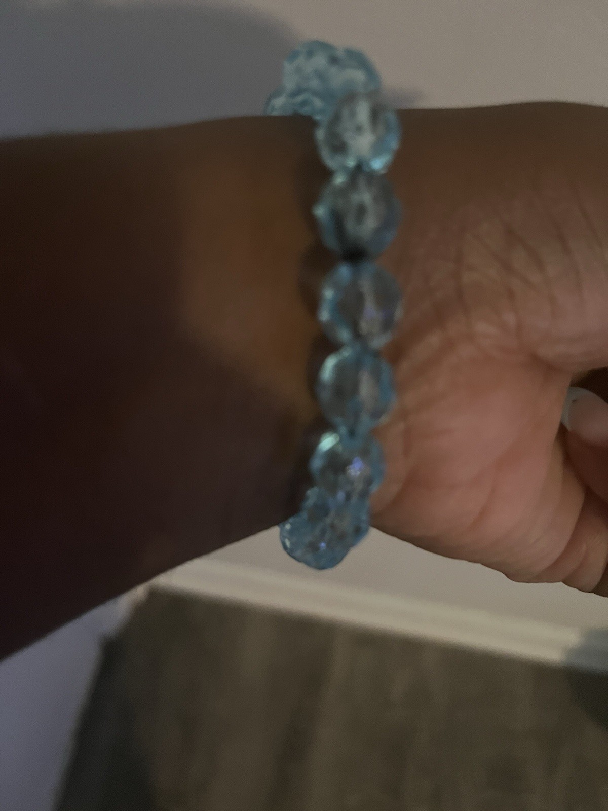 Blue Round Crystal Beaded Stretch Bracelet with Black Dangle Cross Charm